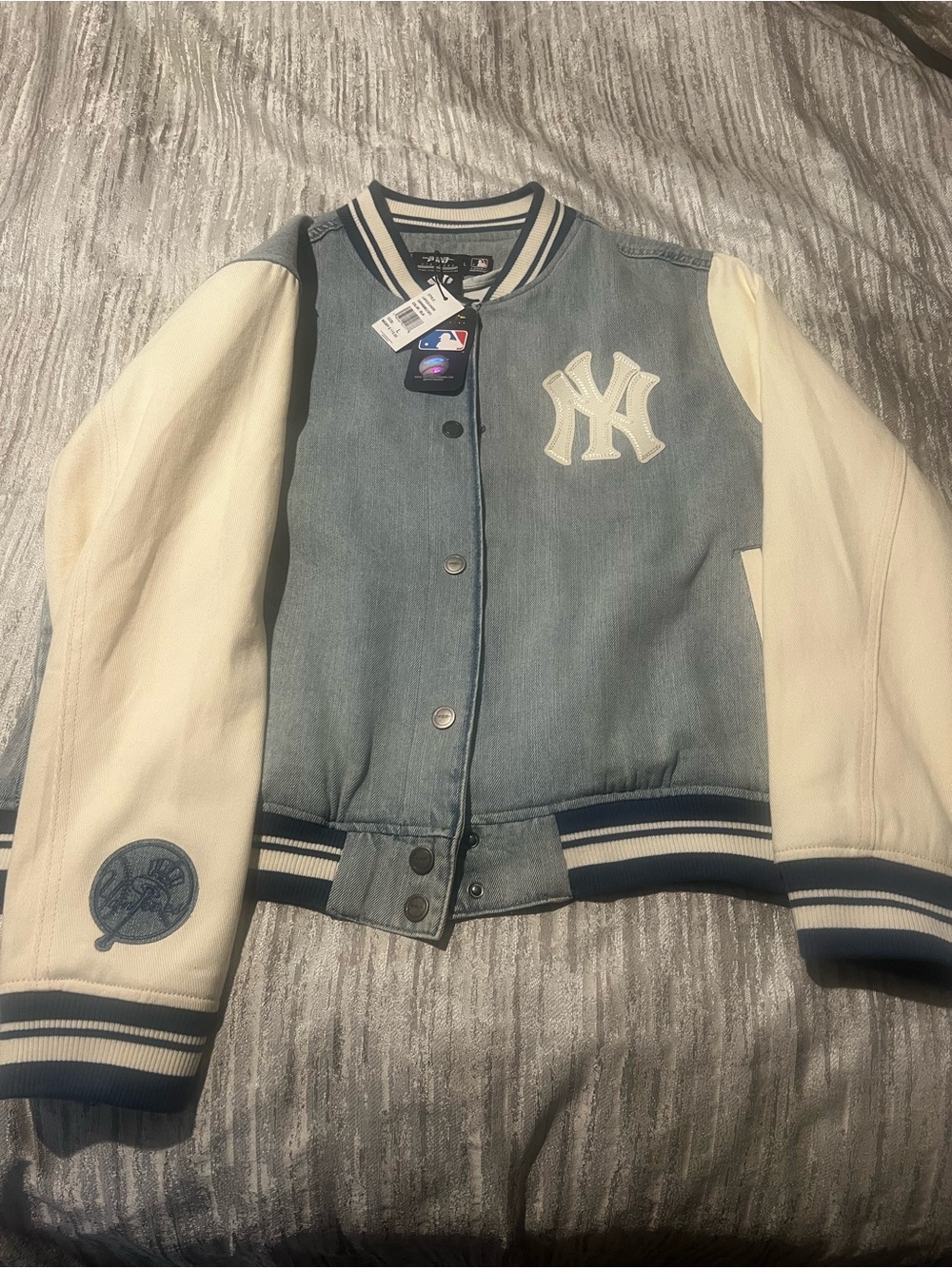 Majestic Light Blue Denim and Cream NY Varsity Jacket